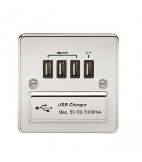 Flat Plate Quad USB charger outlet - Polished chrome with black insert