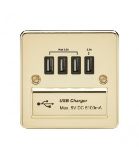 Flat Plate Quad USB charger outlet - Polished brass with black insert