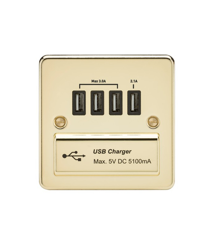 Flat Plate Quad USB charger outlet - Polished brass with black insert