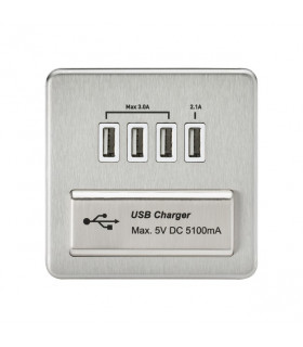 Screwless Quad USB Charger Outlet (5.1A) - Brushed Chrome with White Insert