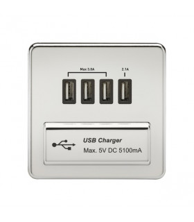 Screwless Quad USB Charger Outlet (5.1A) - Polished Chrome with Black Insert