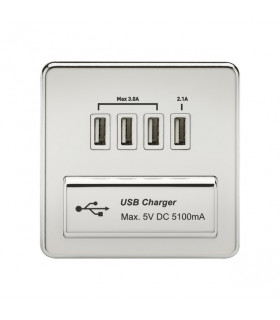 Screwless Quad USB Charger Outlet (5.1A) - Polished Chrome with White Insert