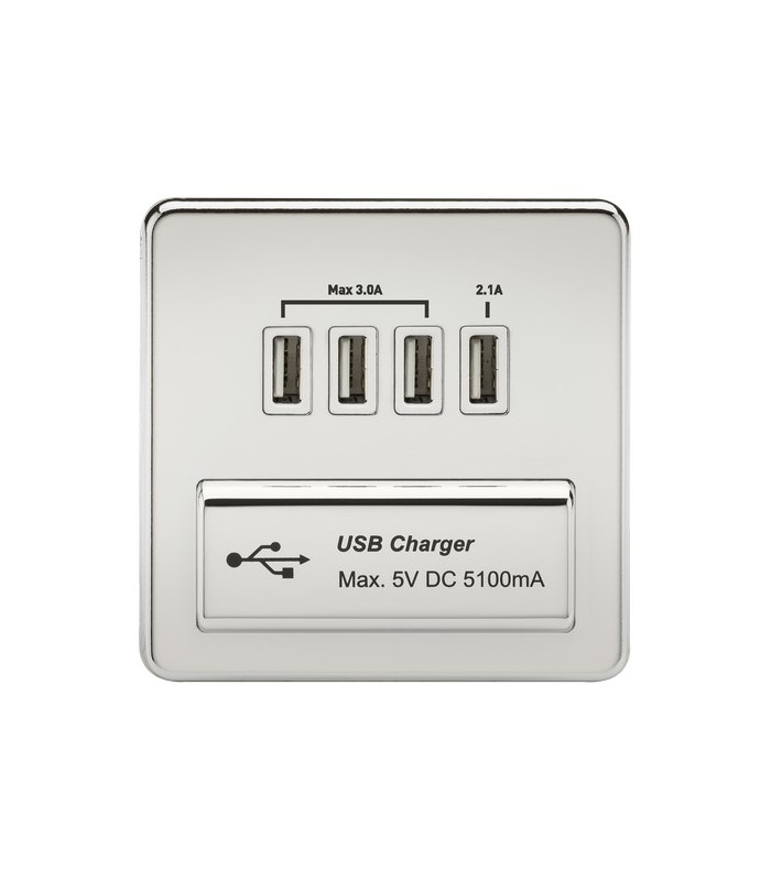 Screwless Quad USB Charger Outlet (5.1A) - Polished Chrome with White Insert