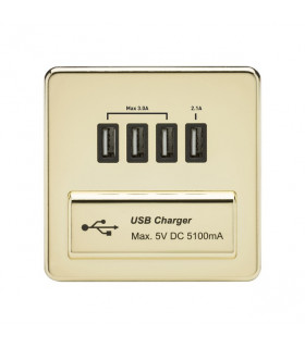 Screwless Quad USB Charger Outlet (5.1A) - Polished Brass with Black Insert