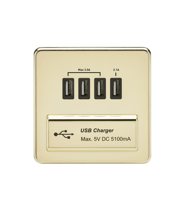 Screwless Quad USB Charger Outlet (5.1A) - Polished Brass with Black Insert