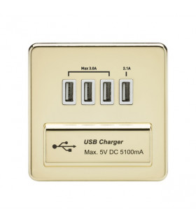 Screwless Quad USB Charger Outlet (5.1A) - Polished Brass with White Insert