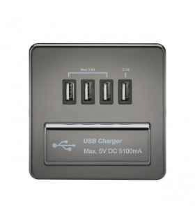 Screwless Quad USB Charger Outlet (5.1A) - Black Nickel with Black Insert