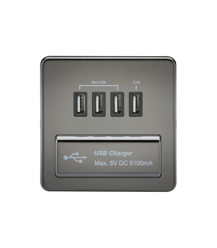 Screwless Quad USB Charger Outlet (5.1A) - Black Nickel with Black Insert