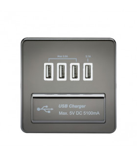 Screwless Quad USB Charger Outlet (5.1A) - Black Nickel with White Insert