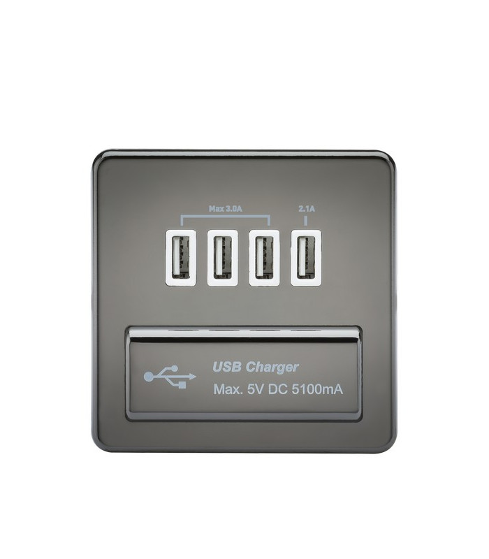 Screwless Quad USB Charger Outlet (5.1A) - Black Nickel with White Insert