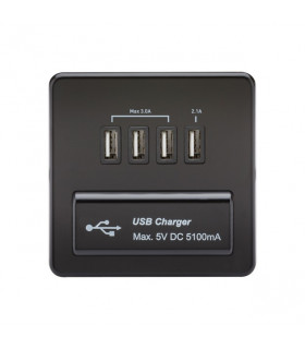 Screwless Quad USB Charger Outlet (5.1A) - Matt Black with Black Insert