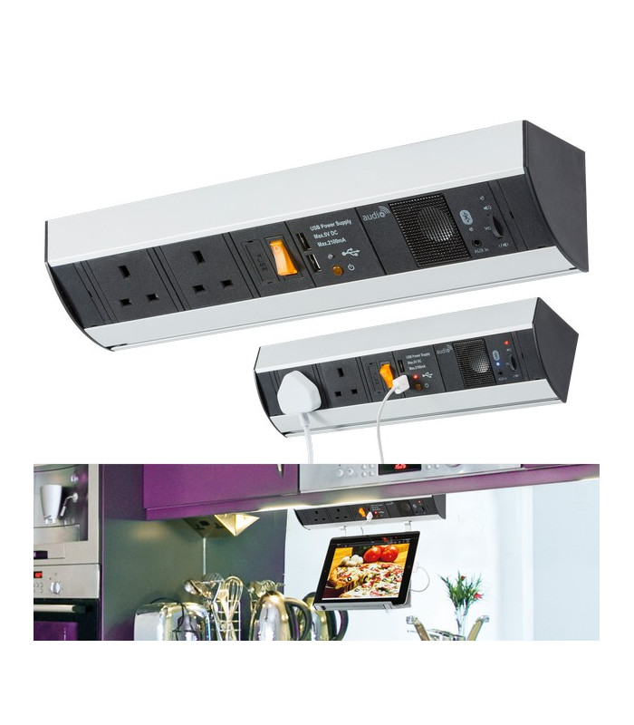 13A Under Cabinet Power Station with Dual USB Charger (2.1A) and Bluetooth Speaker
