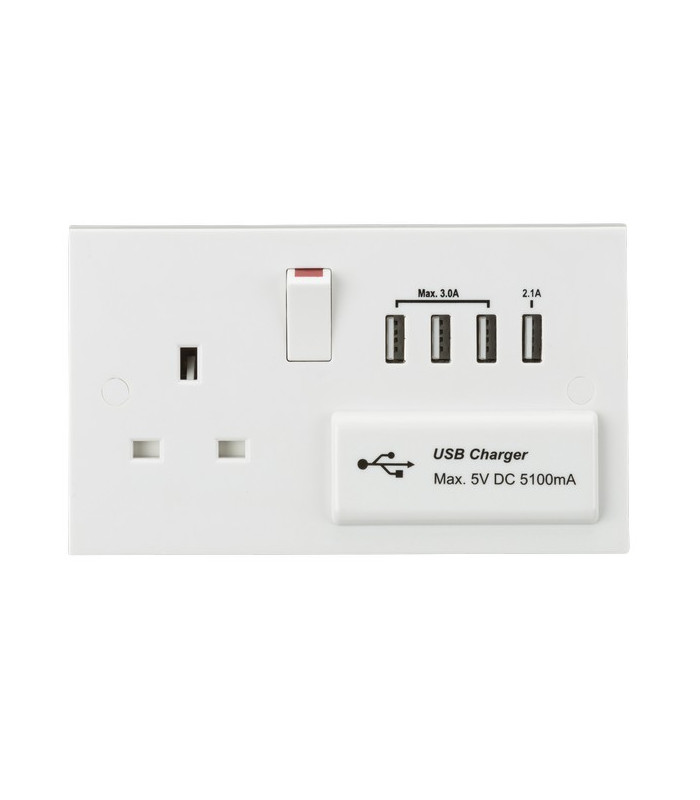 13A Switched Socket with Quad USB Charger 5V DC 5.1A