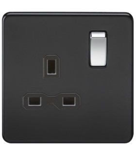 Screwless 13A 1G DP switched socket - matt black with black insert and chrome rockers