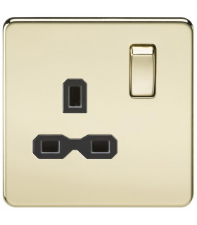 Screwless 13A 1G DP switched socket - polished brass with black insert