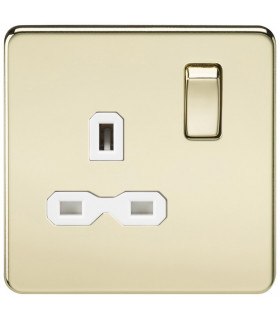 Screwless 13A 1G DP switched socket - polished brass with white insert