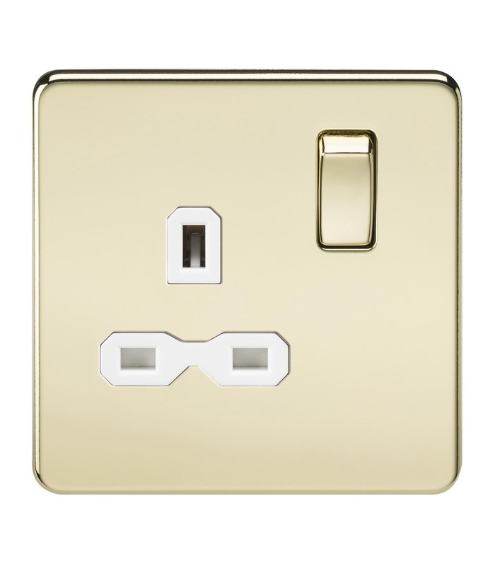 Screwless 13A 1G DP switched socket - polished brass with white insert
