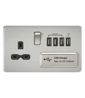 Screwless 13A switched socket with quad USB charger (5.1A) - brushed chrome with black insert