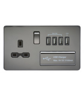 Screwless 13A switched socket with quad USB charger (5.1A) - black nickel with black insert