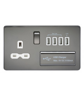Screwless 13A switched socket with quad USB charger (5.1A) - black nickel with white insert