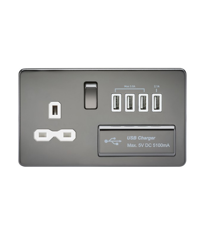 Screwless 13A switched socket with quad USB charger (5.1A) - black nickel with white insert