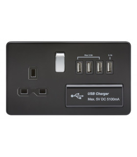 Screwless 13A switched socket with quad USB charger (5.1A) - matt black with chrome rocker