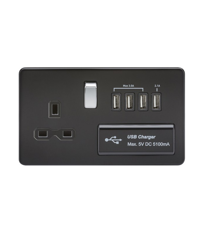 Screwless 13A switched socket with quad USB charger (5.1A) - matt black with chrome rocker