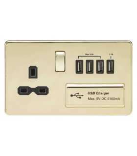 Screwless 13A switched socket with quad USB charger (5.1A) - polished brass with black insert