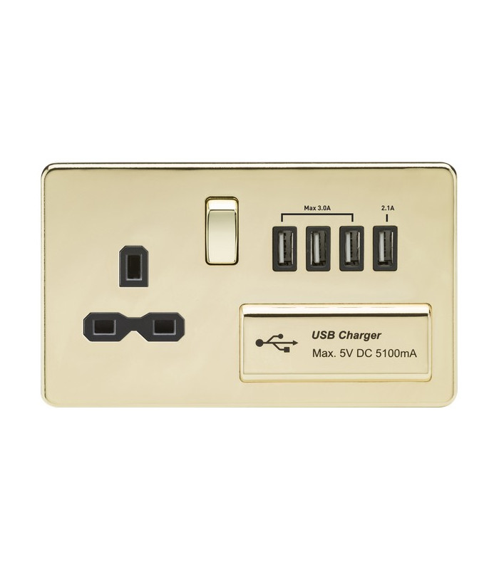 Screwless 13A switched socket with quad USB charger (5.1A) - polished brass with black insert