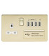 Screwless 13A switched socket with quad USB charger (5.1A) - polished brass with white insert