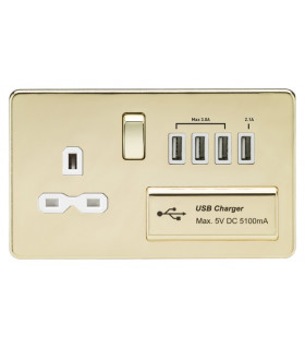 Screwless 13A switched socket with quad USB charger (5.1A) - polished brass with white insert