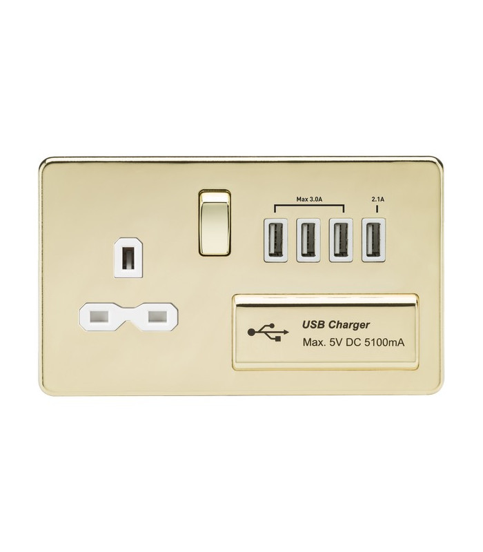 Screwless 13A switched socket with quad USB charger (5.1A) - polished brass with white insert