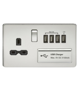 Screwless 13A switched socket with quad USB charger (5.1A) - polished chrome with black insert
