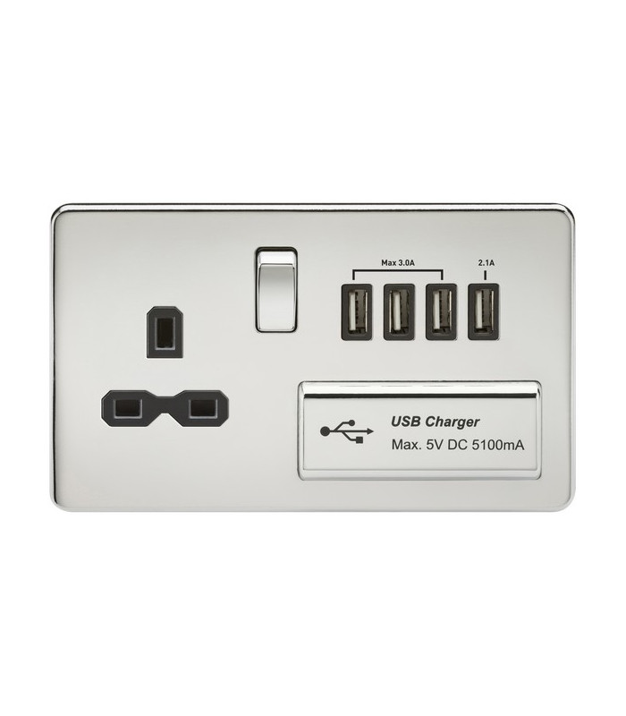 Screwless 13A switched socket with quad USB charger (5.1A) - polished chrome with black insert