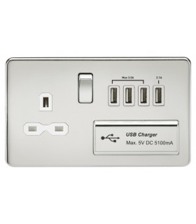 Screwless 13A switched socket with quad USB charger (5.1A) - polished chrome with white insert