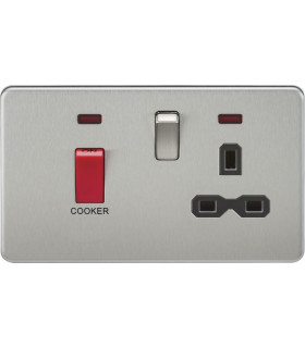 Screwless 45A DP switch and 13A switched socket with neons - brushed chrome with black insert