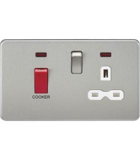 Screwless 45A DP switch and 13A switched socket with neons - brushed chrome with white insert