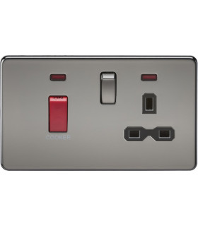 Screwless 45A DP switch and 13A switched socket with neons - black nickel with black insert