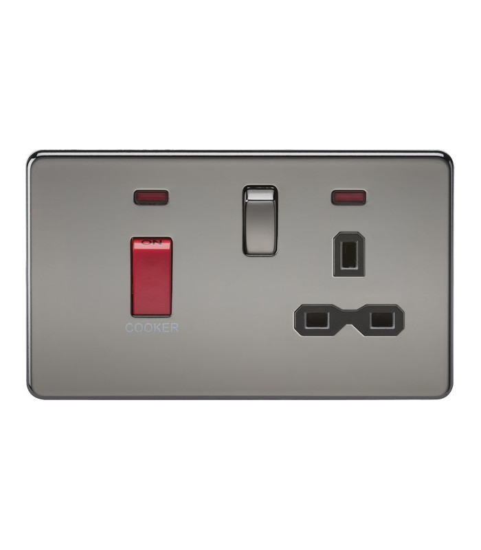 Screwless 45A DP switch and 13A switched socket with neons - black nickel with black insert
