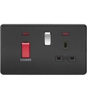 Screwless 45A DP switch and 13A switched socket with neons - matt black with chrome rocker