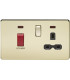 Screwless 45A DP switch and 13A switched socket with neons - polished brass with black insert