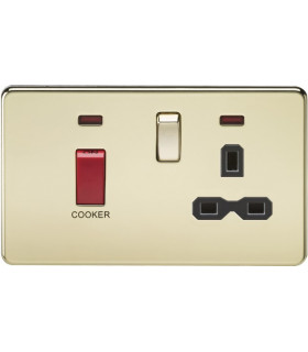 Screwless 45A DP switch and 13A switched socket with neons - polished brass with black insert