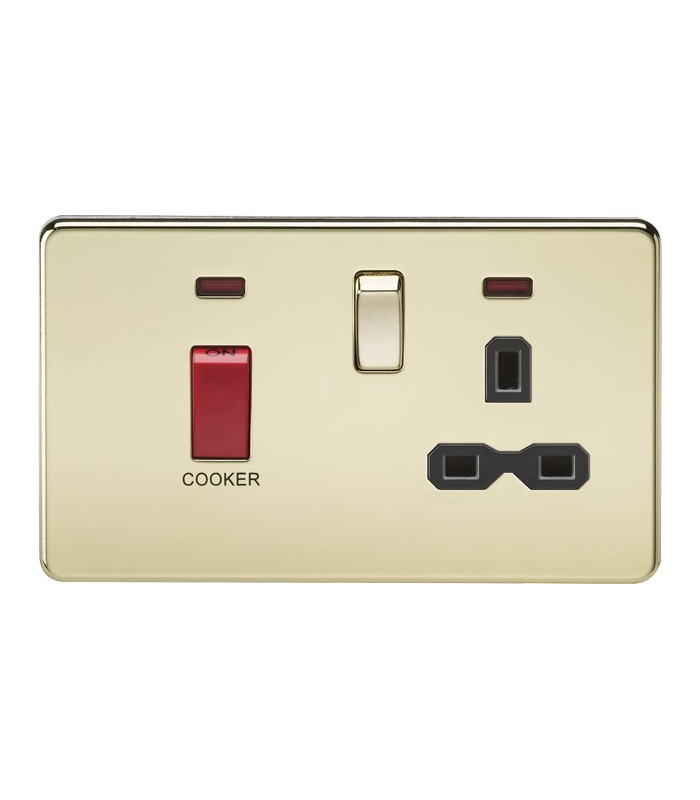 Screwless 45A DP switch and 13A switched socket with neons - polished brass with black insert
