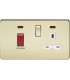 Screwless 45A DP switch and 13A switched socket with neons - polished brass with white insert