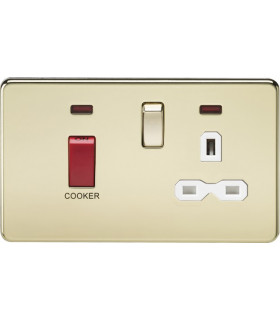 Screwless 45A DP switch and 13A switched socket with neons - polished brass with white insert