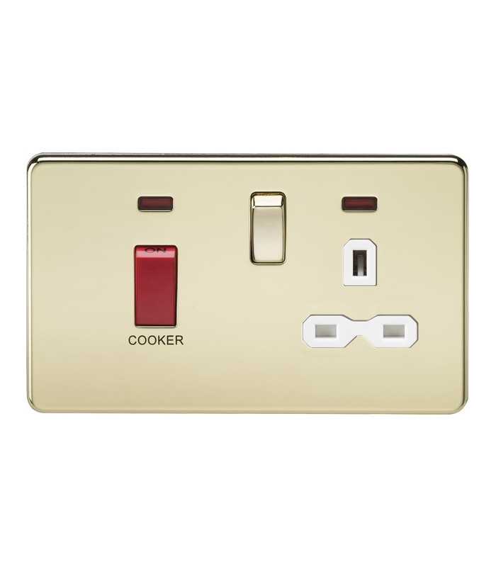 Screwless 45A DP switch and 13A switched socket with neons - polished brass with white insert