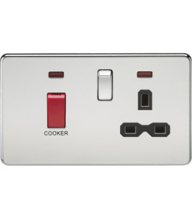 Screwless 45A DP switch and 13A switched socket with neon - polished chrome with black insert