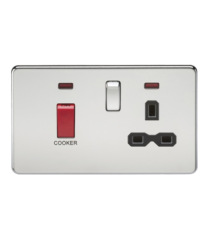 Screwless 45A DP switch and 13A switched socket with neon - polished chrome with black insert