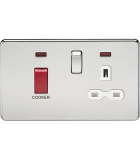 Screwless 45A DP switch and 13A switched socket with neons - polished chrome with white insert