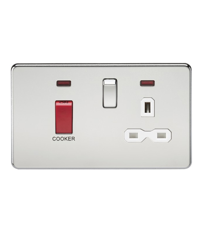 Screwless 45A DP switch and 13A switched socket with neons - polished chrome with white insert
